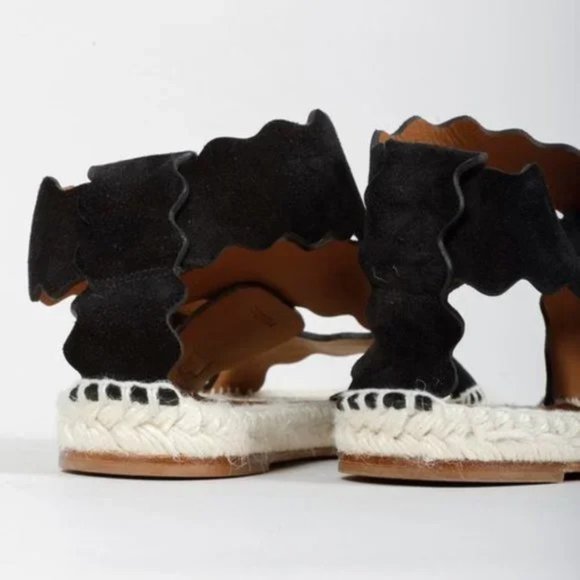 Chloé Lauren Scalloped Black Suede Espadrille Sandals - Picture 8 of 10